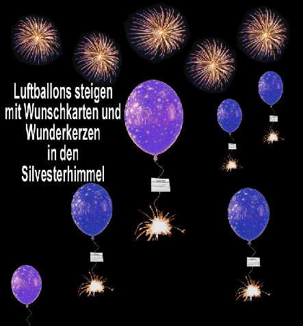 Luftballons steigen mit Wunschkarten in den Silvesterhimmel. Wünsche für das neue Jahr